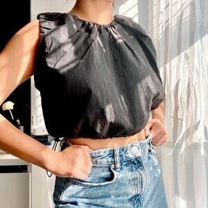 Zara Black Sleeveless Ruched Neck Crop Top